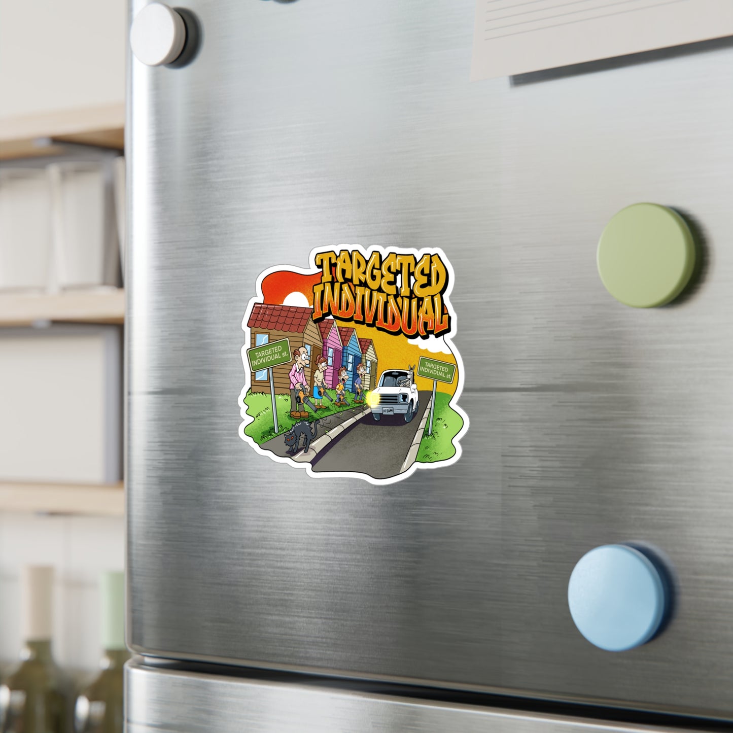 Targeted Individual Kiss-Cut Vinyl Sticker — Retro Suburban Design