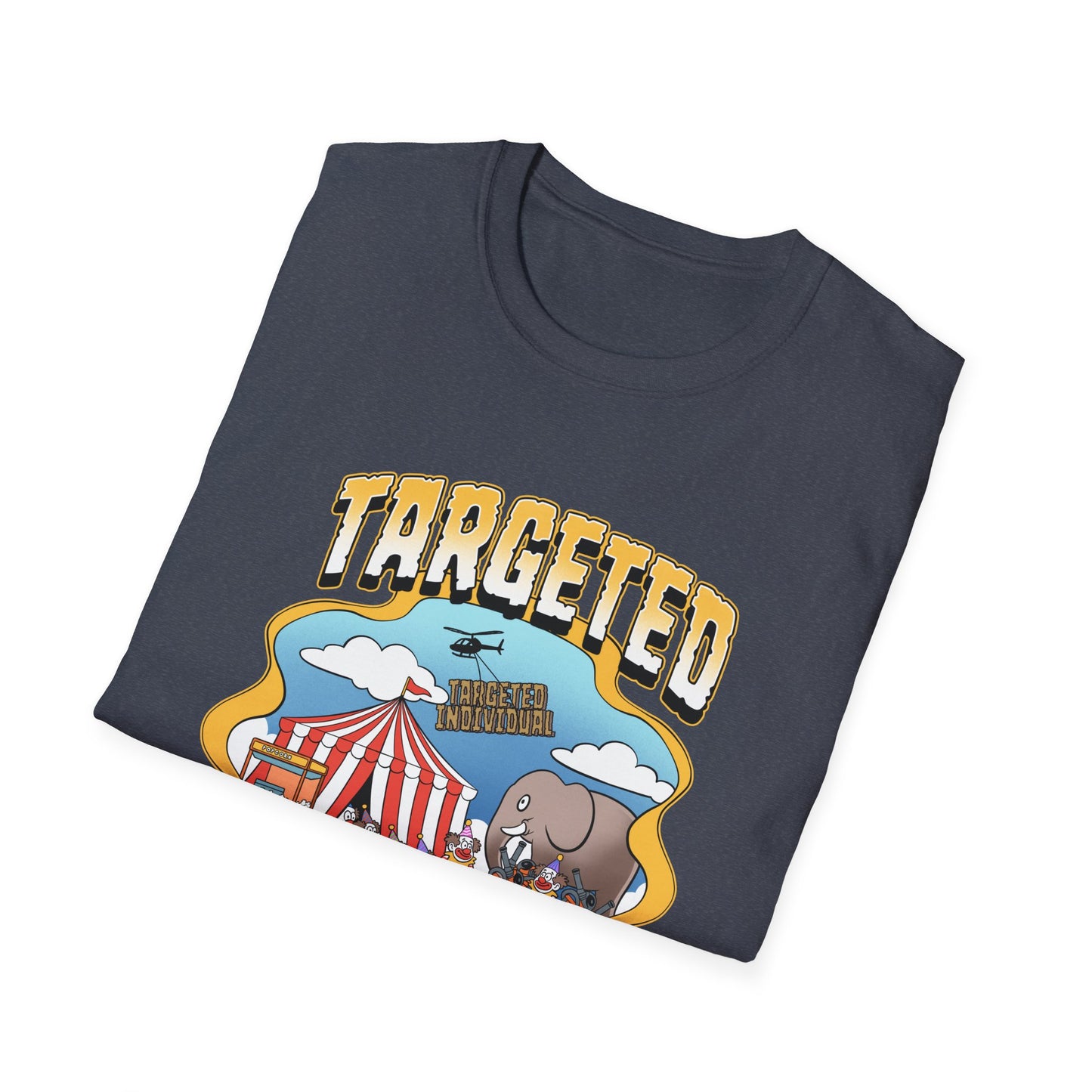 Targeted Individual Graphic T-Shirt — Retro Carnival Conspiracy Design