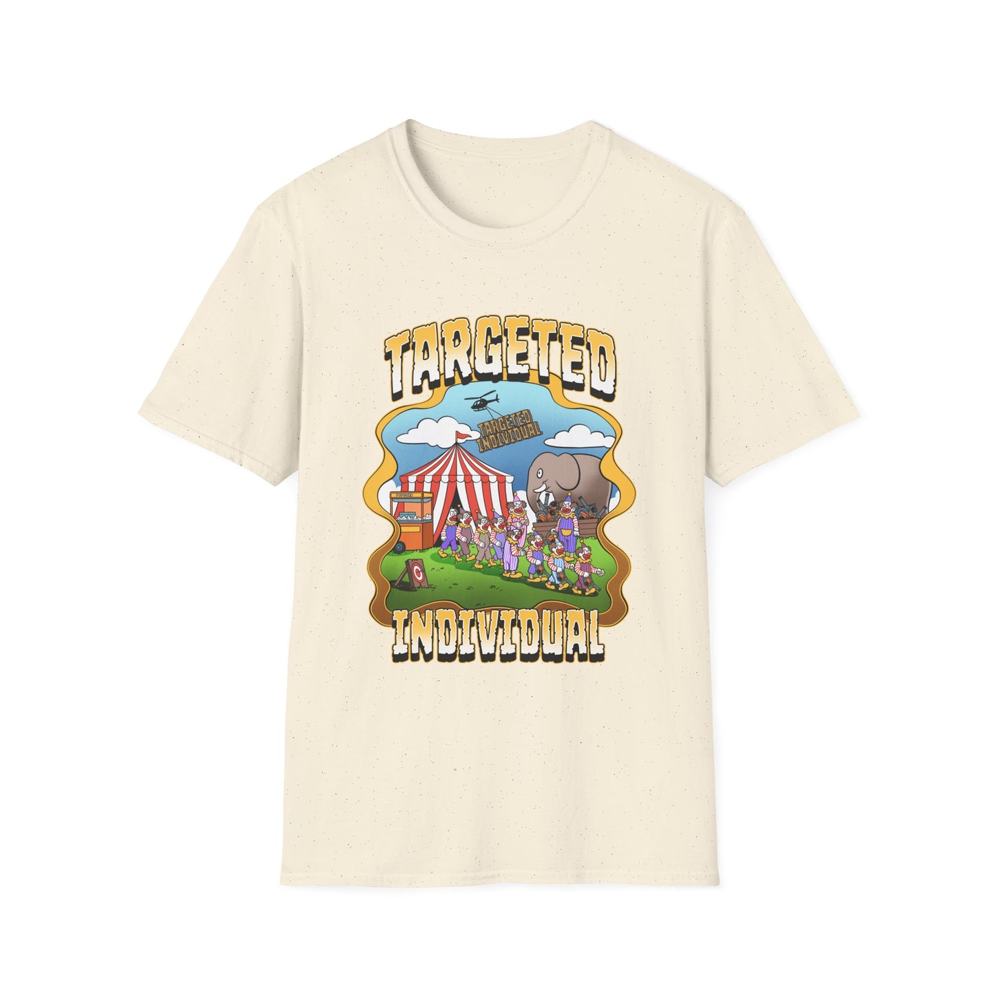 Targeted Individual Graphic T-Shirt — Retro Carnival Conspiracy Design