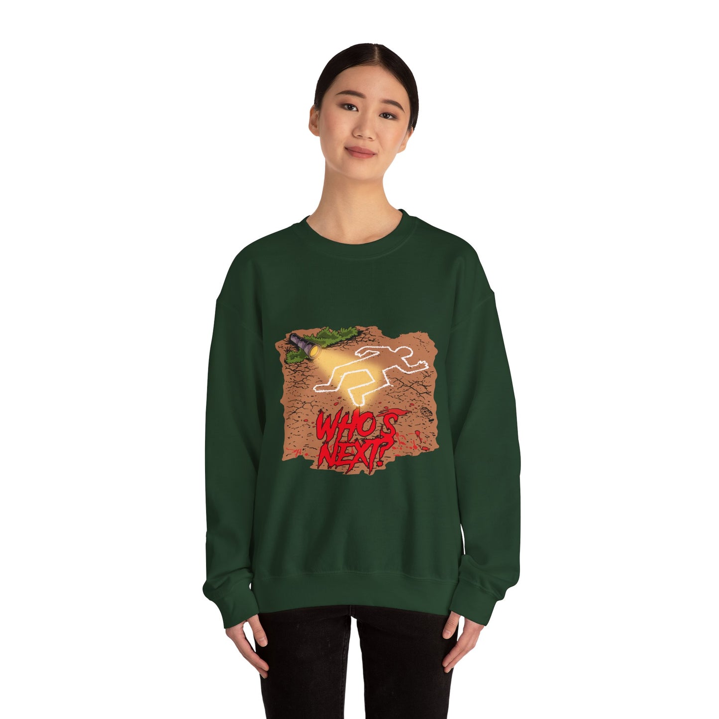 Graphic Sweatshirt — 'Who's Next?' Crime Scene Chalk Outline Crewneck