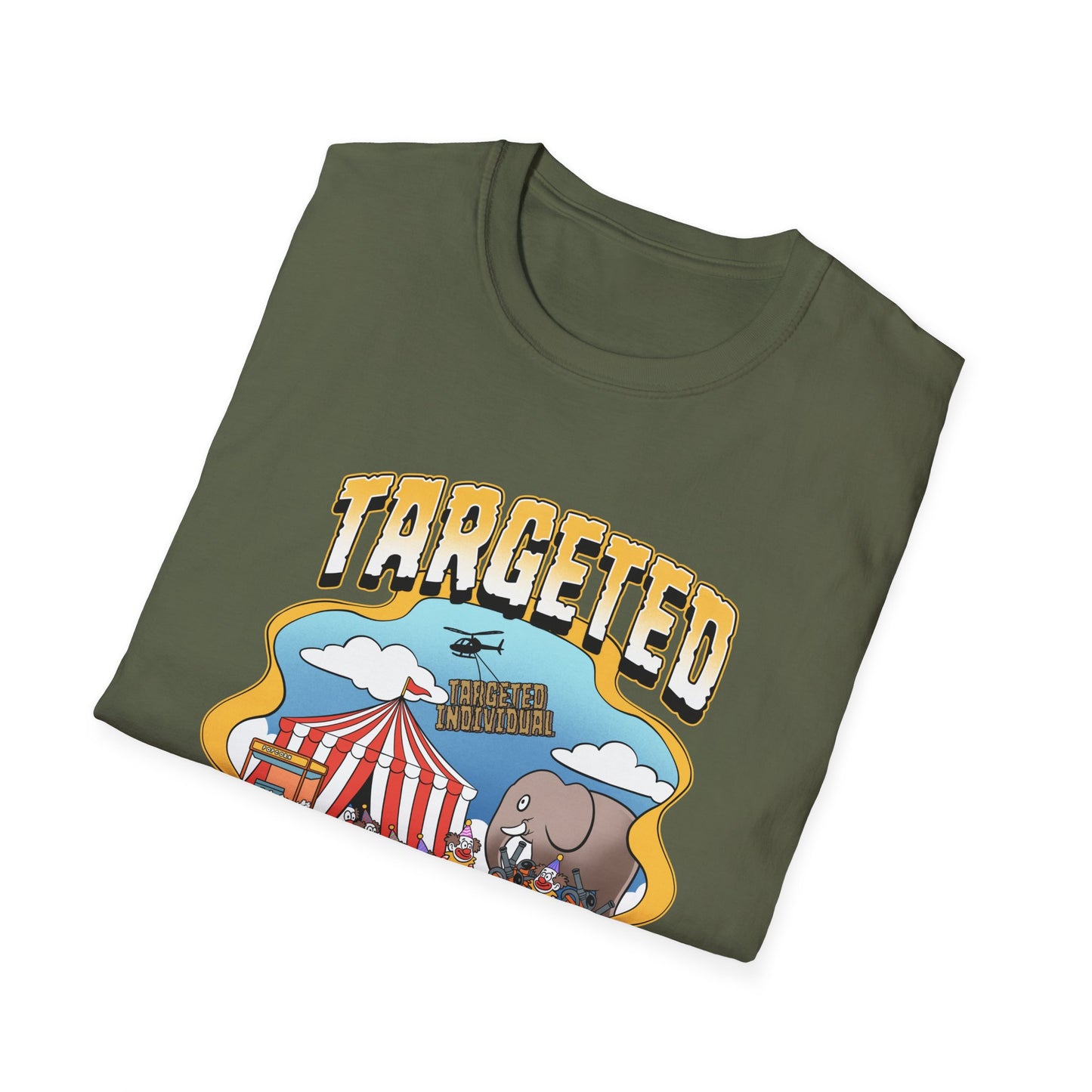 Targeted Individual Graphic T-Shirt — Retro Carnival Conspiracy Design