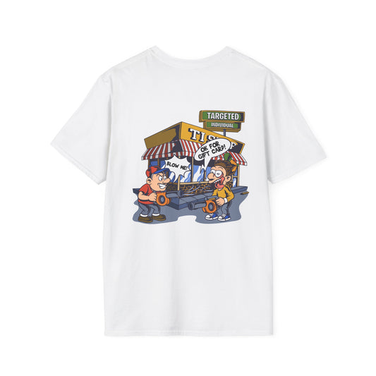 Graphic T-Shirt — 'Targeted' Flea Market Cartoon Back Print