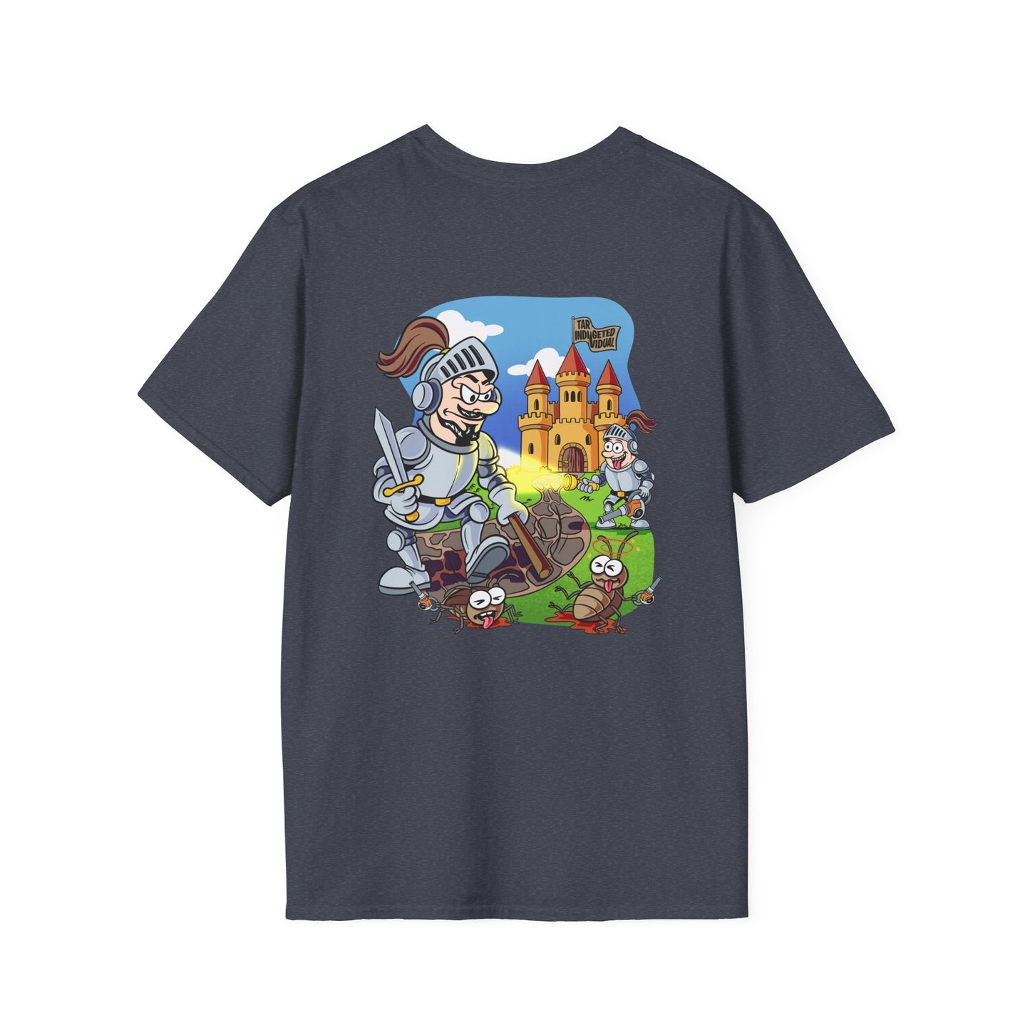 Knight Cartoon T-Shirt — Medieval Castle & Worms Graphic Tee