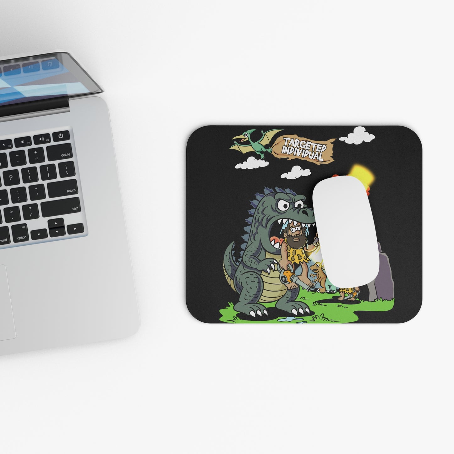 Caveman vs. Dragon Mouse Pad — 'Targeted Individual' Retro Dino Battle Desk Mat