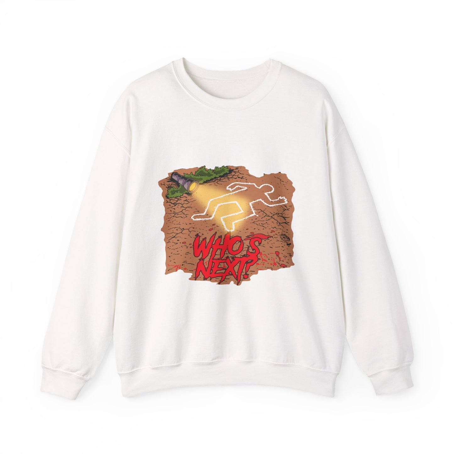Graphic Sweatshirt — 'Who's Next?' Crime Scene Chalk Outline Crewneck