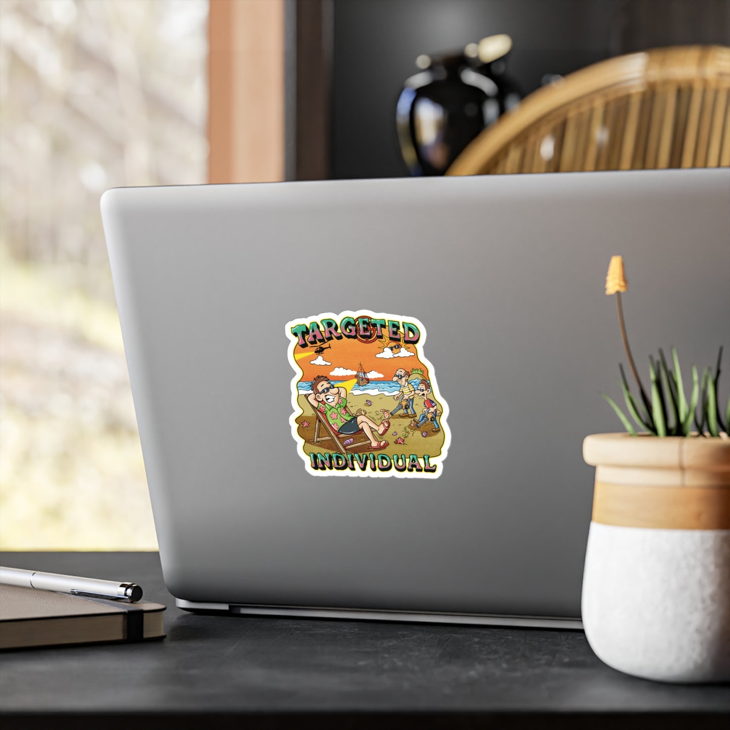 Targeted Individual Beach Scene Sticker – Kiss-Cut Vinyl Decal