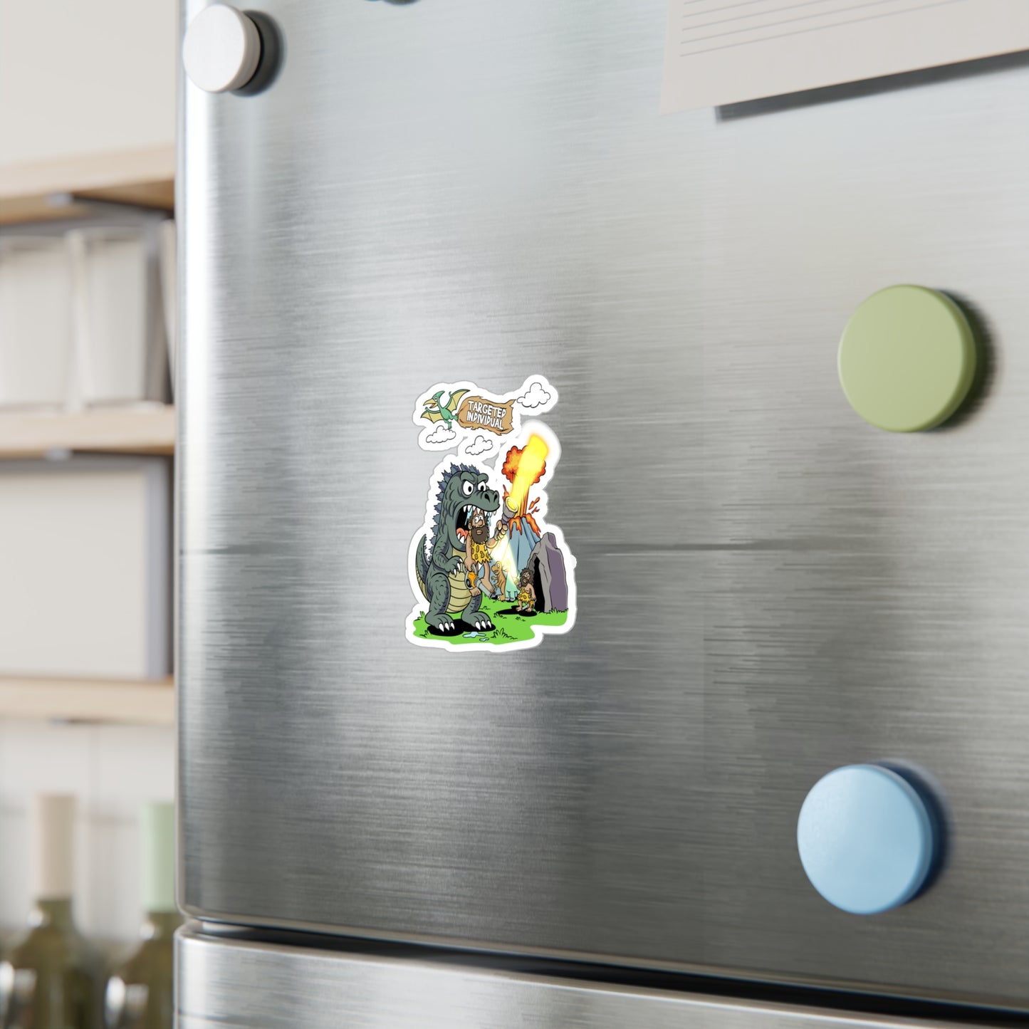 Godzilla Caveman Sticker — "Targeted Individual" Kiss-Cut Vinyl Decal