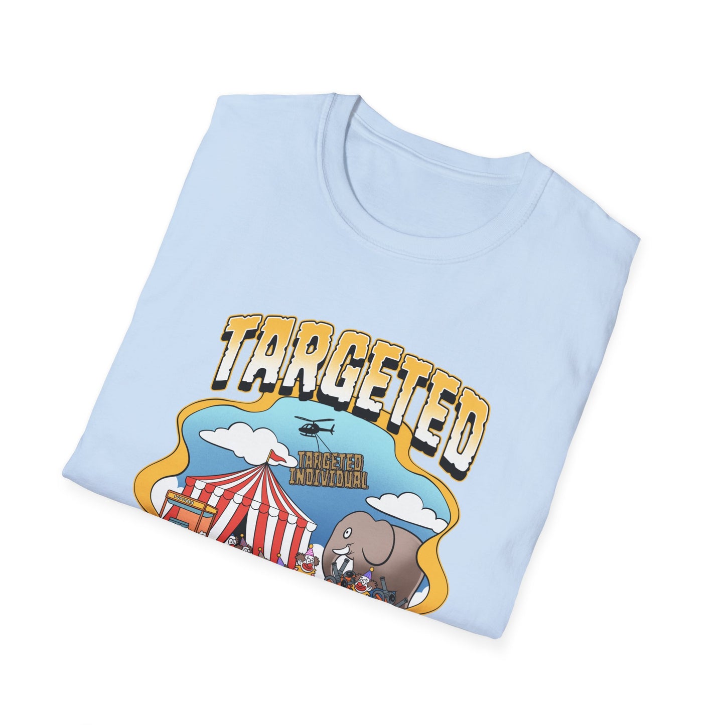 Targeted Individual Graphic T-Shirt — Retro Carnival Conspiracy Design