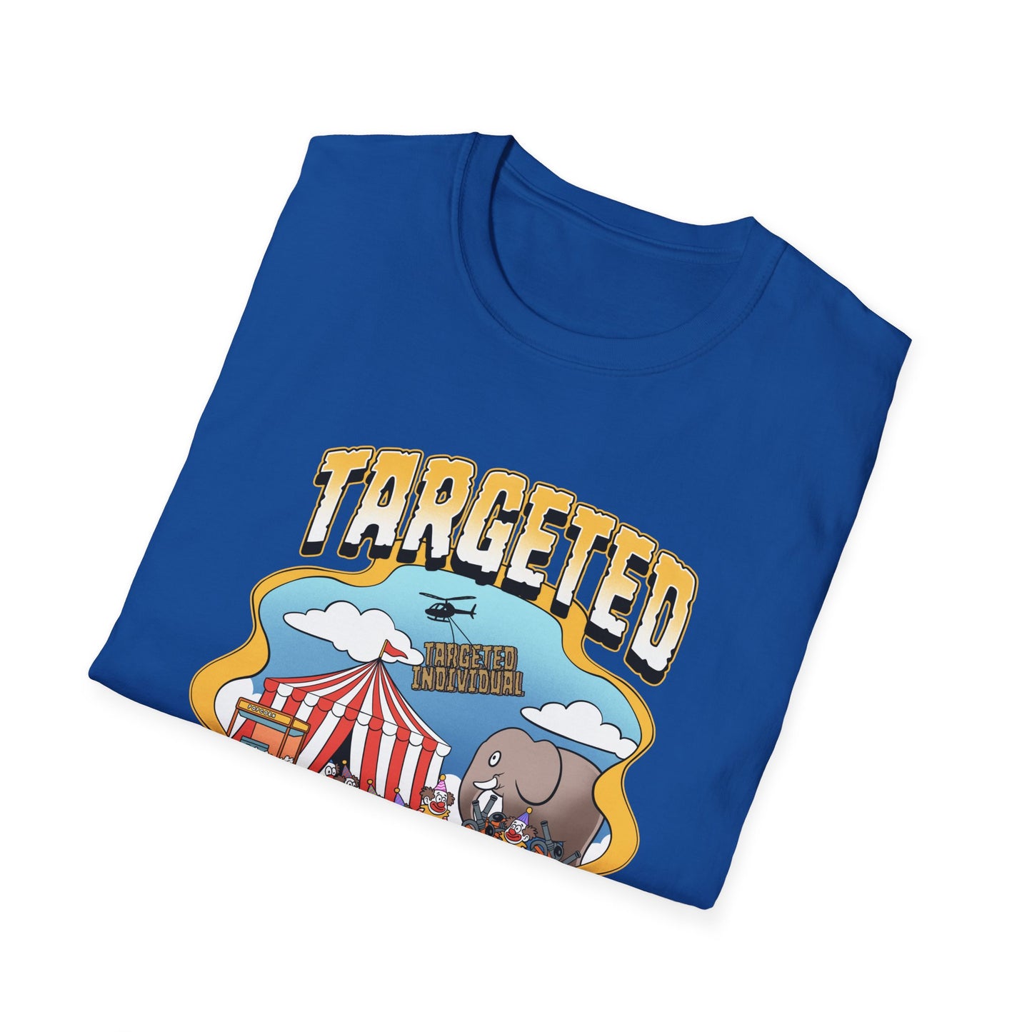 Targeted Individual Graphic T-Shirt — Retro Carnival Conspiracy Design