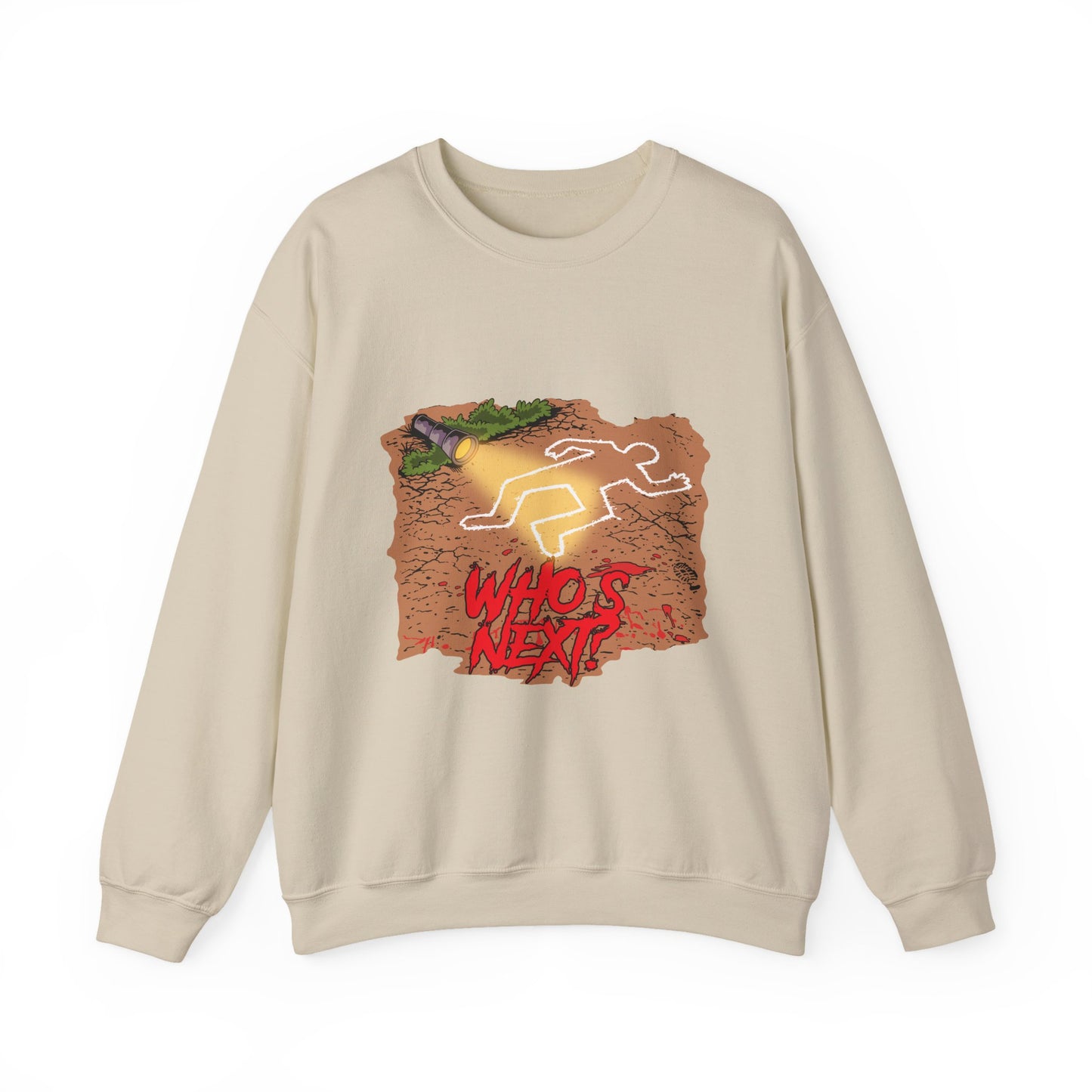 Graphic Sweatshirt — 'Who's Next?' Crime Scene Chalk Outline Crewneck