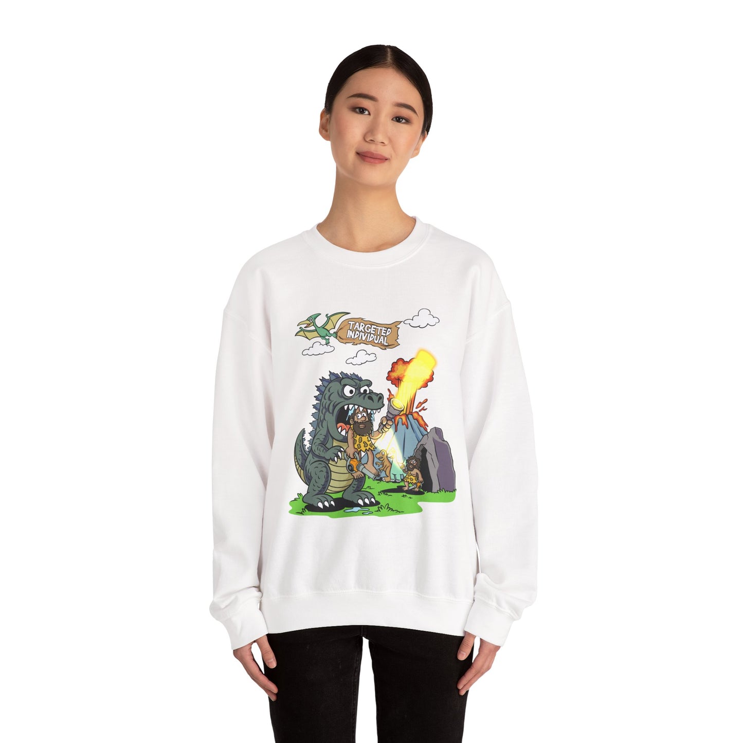 Crewneck Sweatshirt — Retro Monster Dragon Breathing Fire Graphic