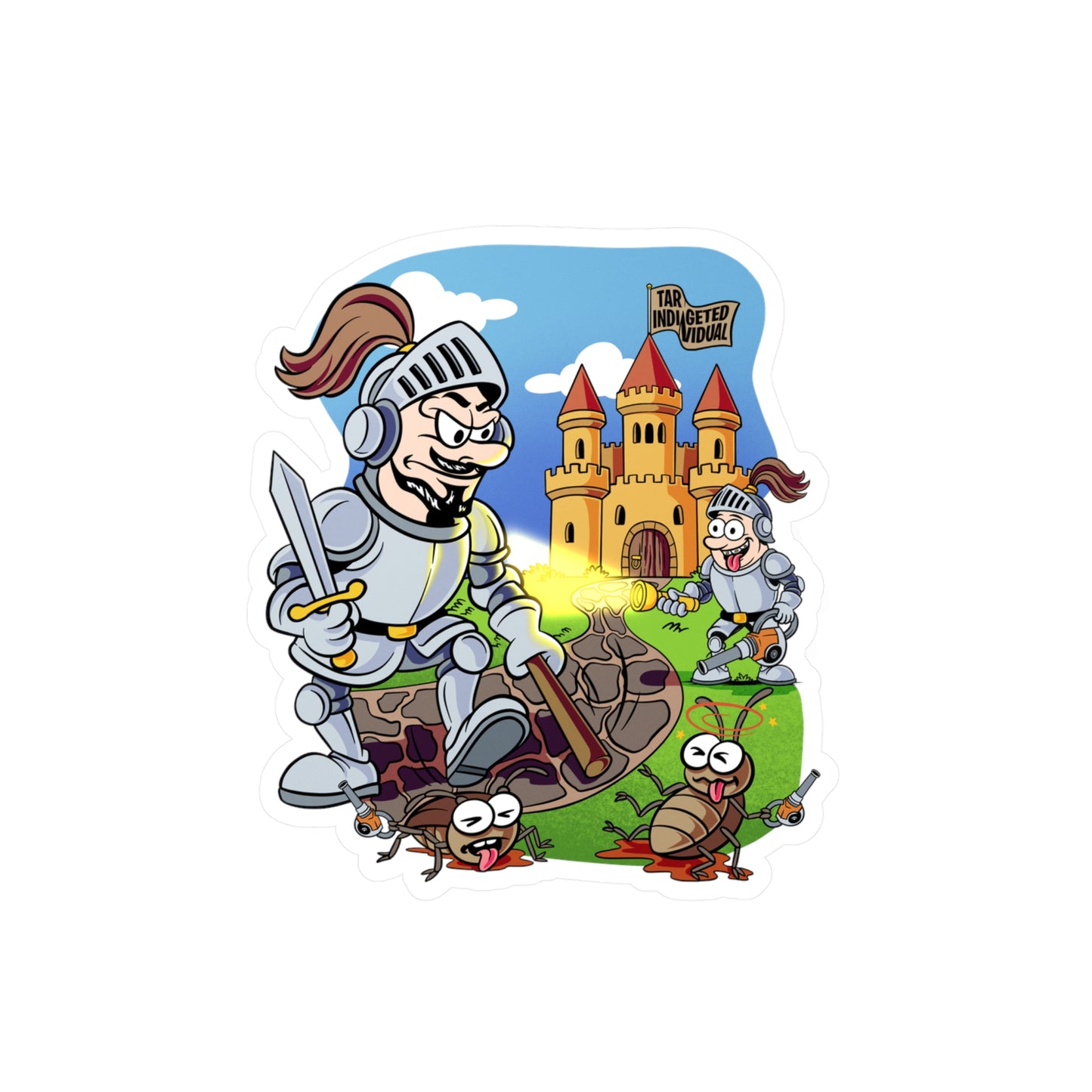 Medieval Knight Cartoon Kiss-Cut Vinyl Sticker — Funny Castle & Bugs Design