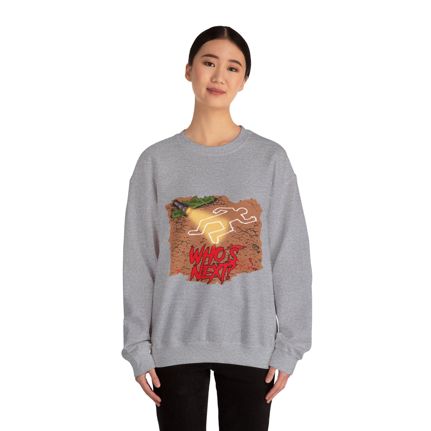 Graphic Sweatshirt — 'Who's Next?' Crime Scene Chalk Outline Crewneck