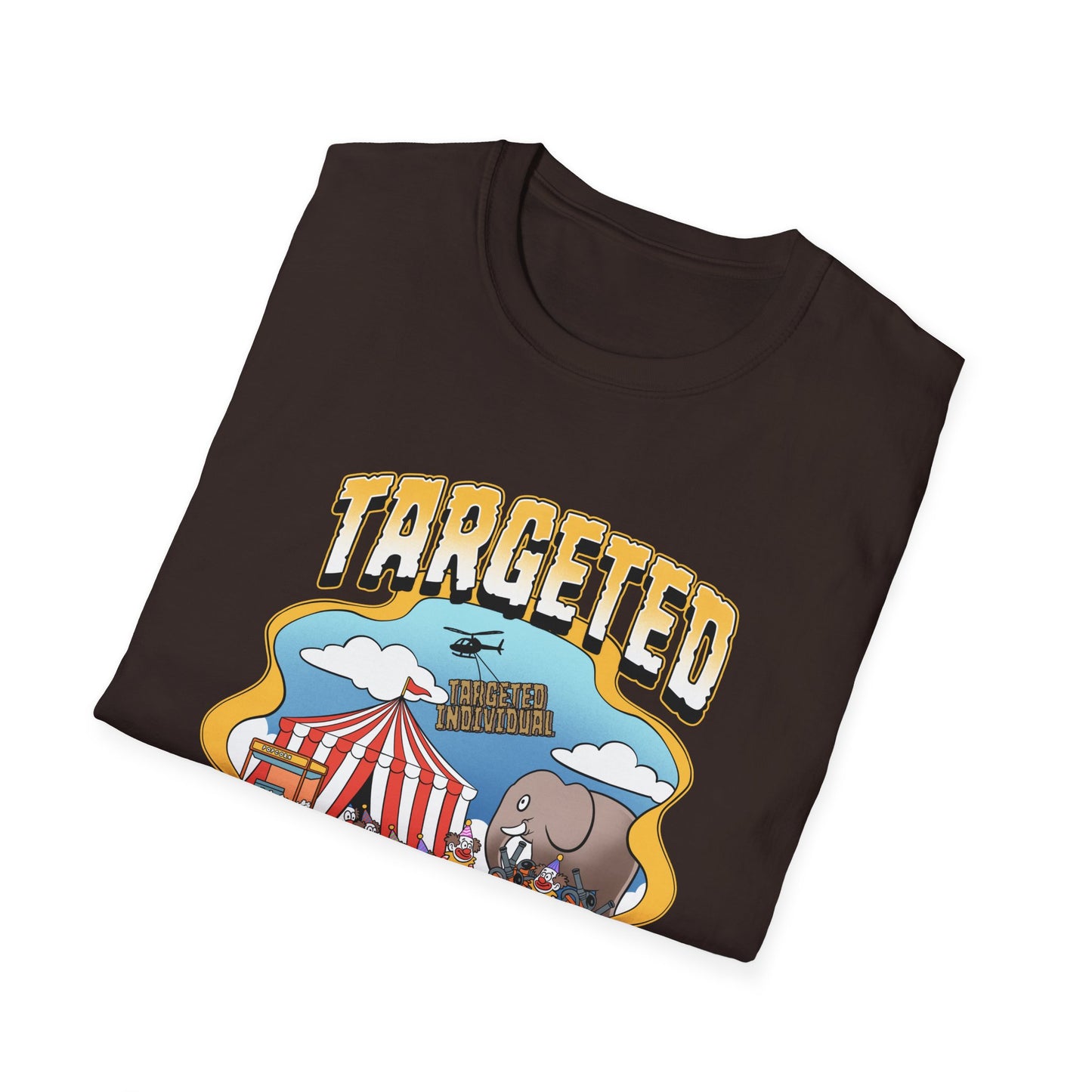 Targeted Individual Graphic T-Shirt — Retro Carnival Conspiracy Design