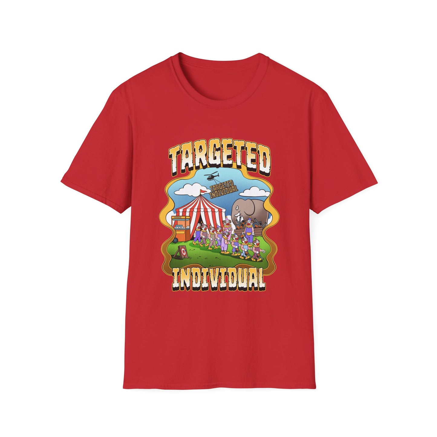 Targeted Individual Graphic T-Shirt — Retro Carnival Conspiracy Design