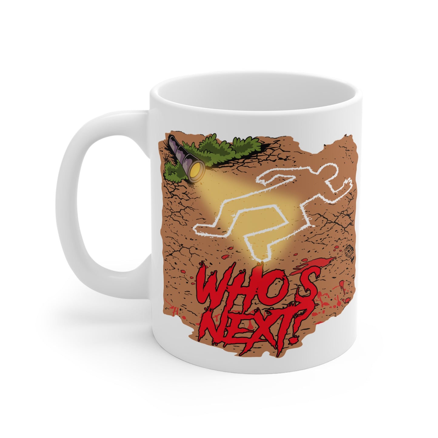 Mystery Crime Scene Mug — "Who's Next?" Detective Coffee Cup