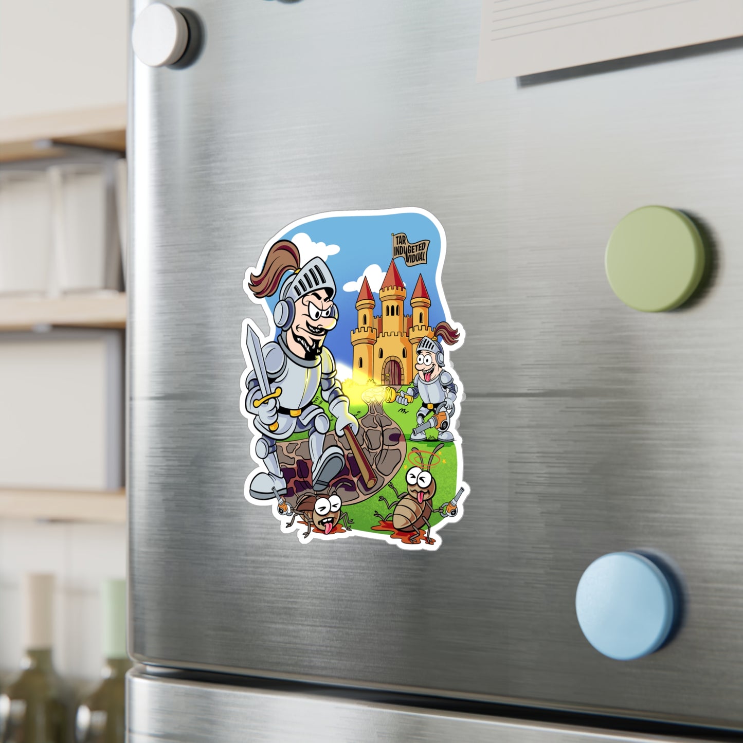 Medieval Knight Cartoon Kiss-Cut Vinyl Sticker — Funny Castle & Bugs Design