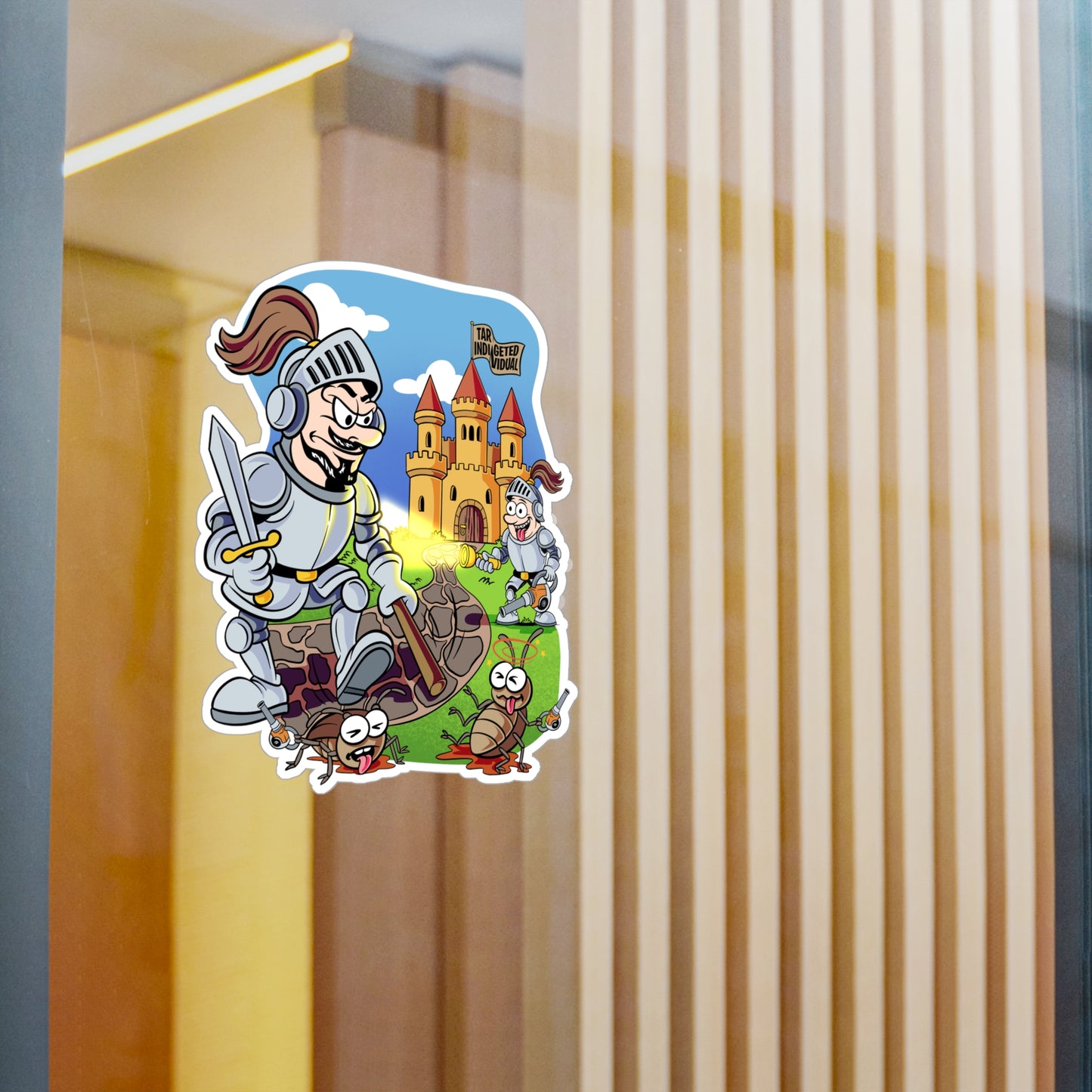 Medieval Knight Cartoon Kiss-Cut Vinyl Sticker — Funny Castle & Bugs Design
