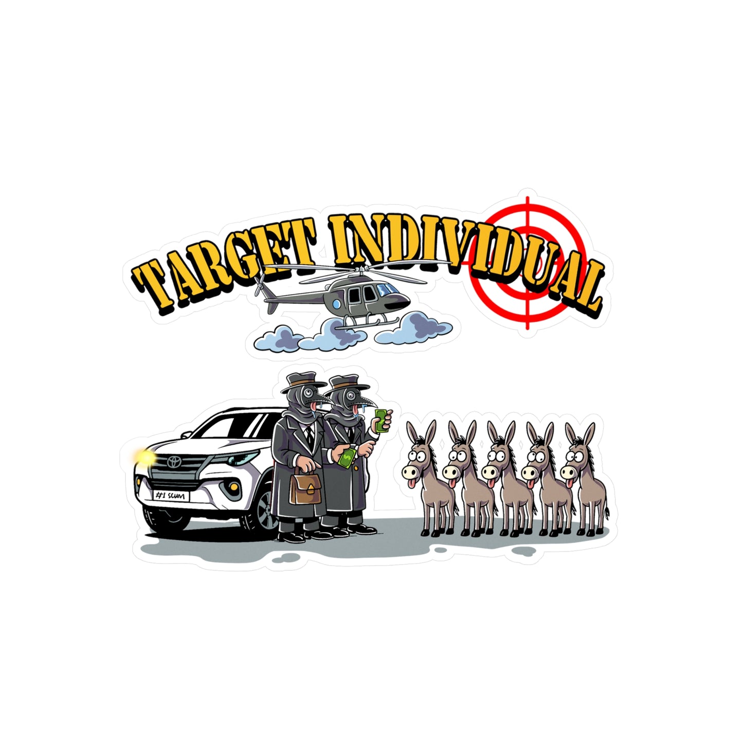 Target Individual Kiss-Cut Vinyl Decal — Humorous Cartoon Cop Car, Helicopter & Donkey Lineup Sticker