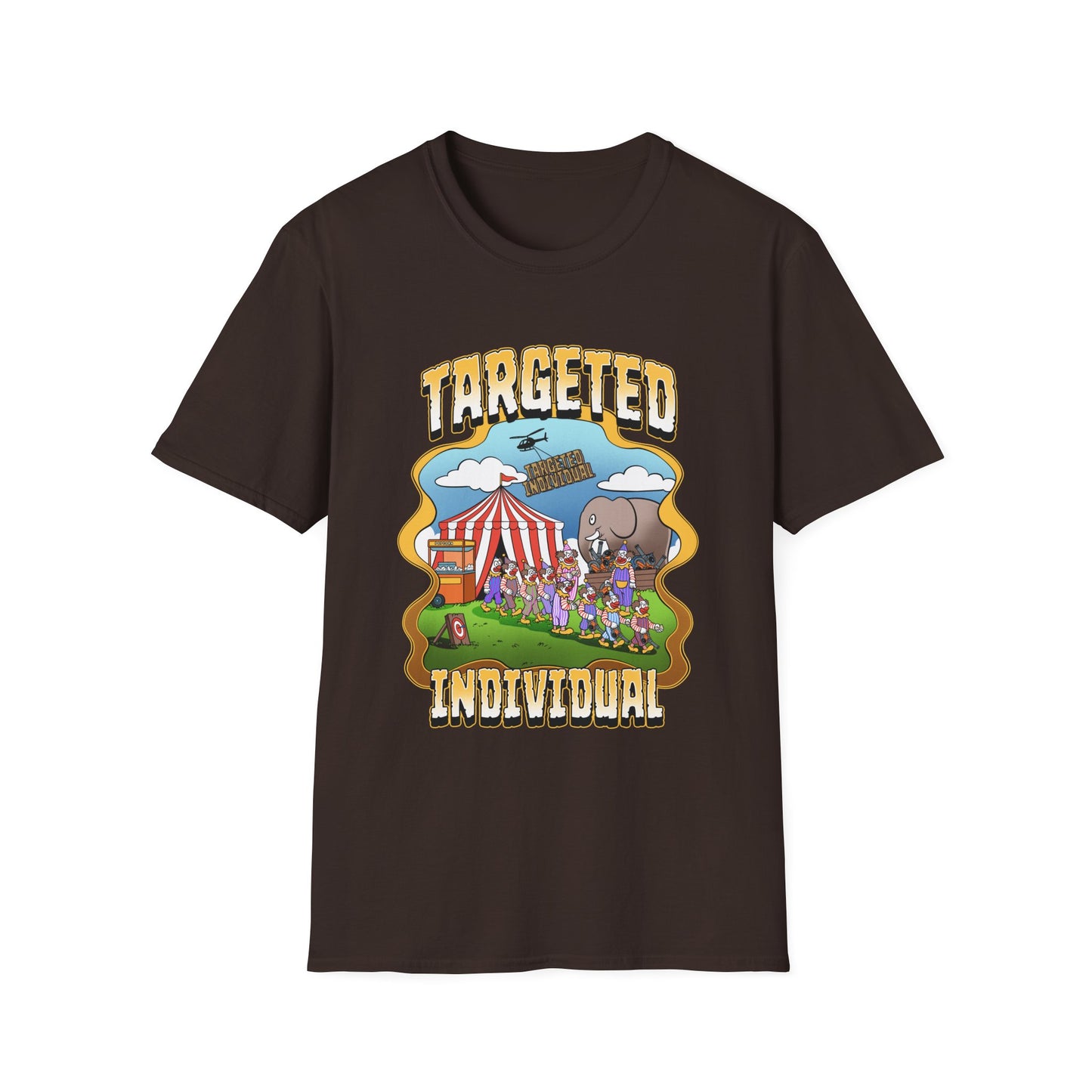 Targeted Individual Graphic T-Shirt — Retro Carnival Conspiracy Design