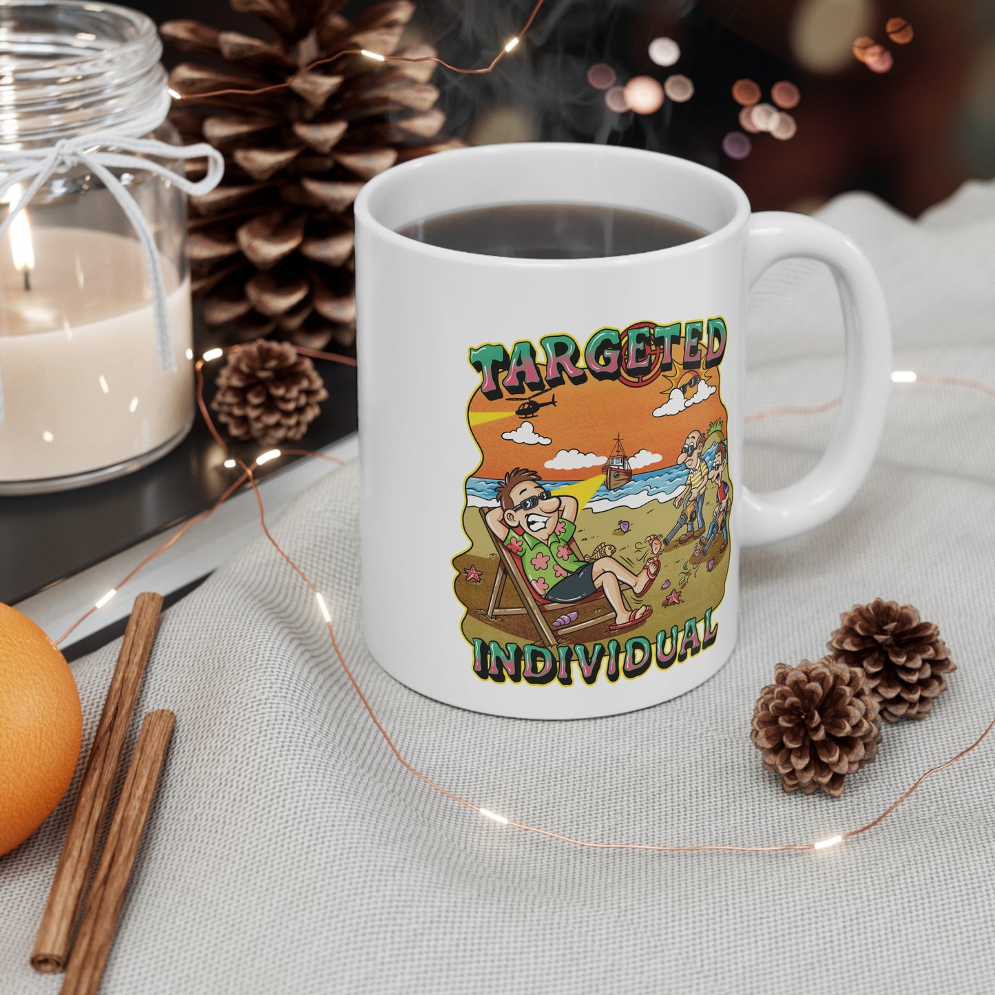 Targeted Individual Mug — Funny Retro Beach Cartoon Coffee Cup