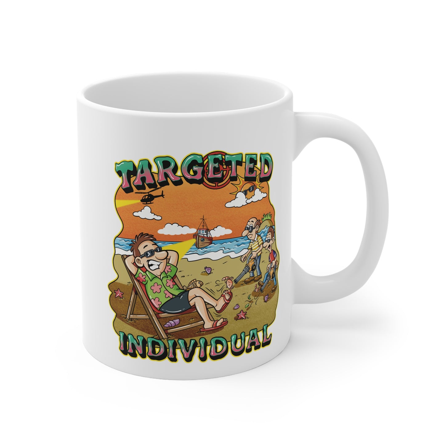 Targeted Individual Mug — Funny Retro Beach Cartoon Coffee Cup