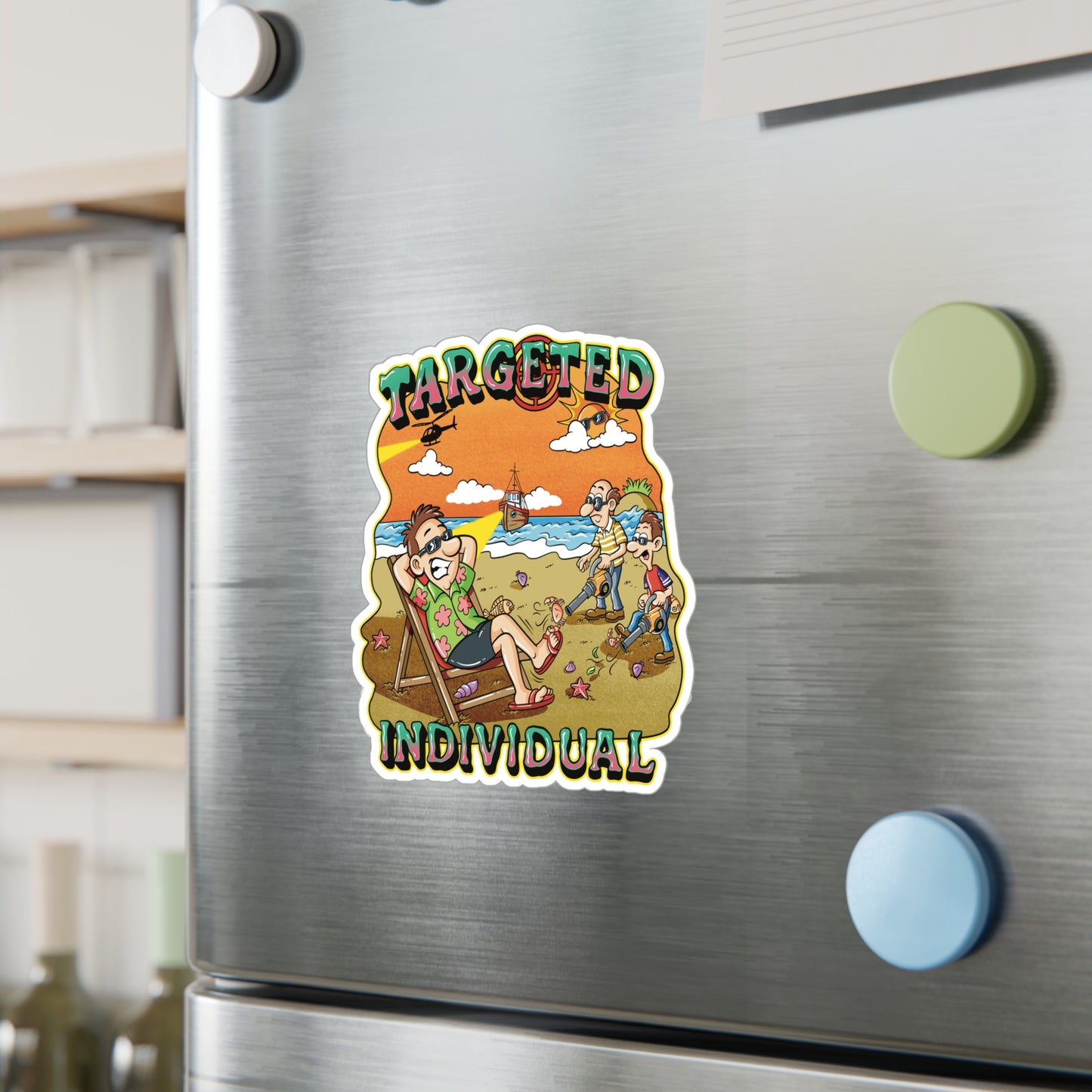 Targeted Individual Beach Scene Sticker – Kiss-Cut Vinyl Decal