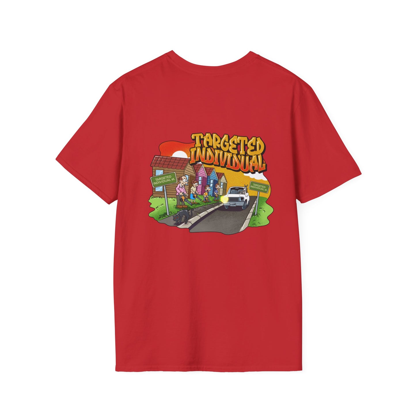 Targeted Individual Graphic T-Shirt — Retro Car & Neighborhood Illustration