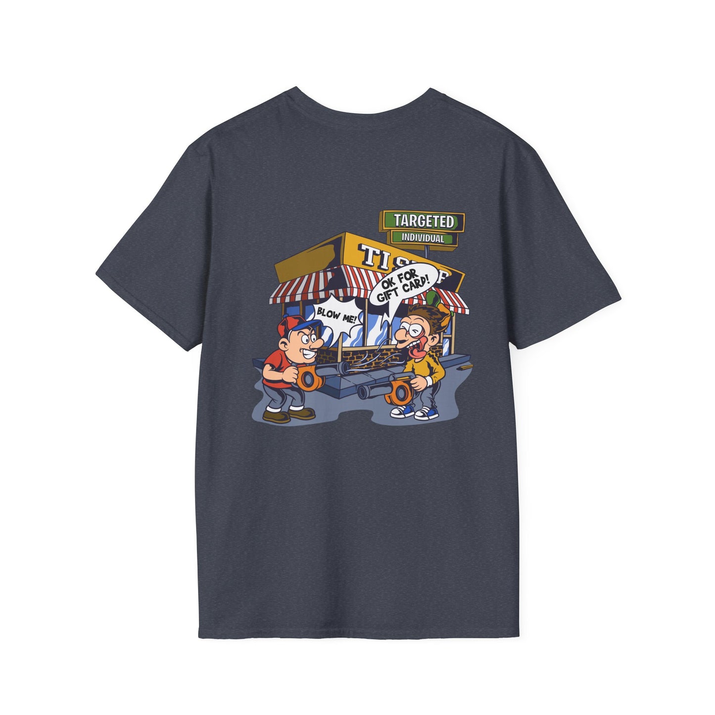 Targeted Ad Vendor T-Shirt — Funny Street Market Cartoon Graphic Tee
