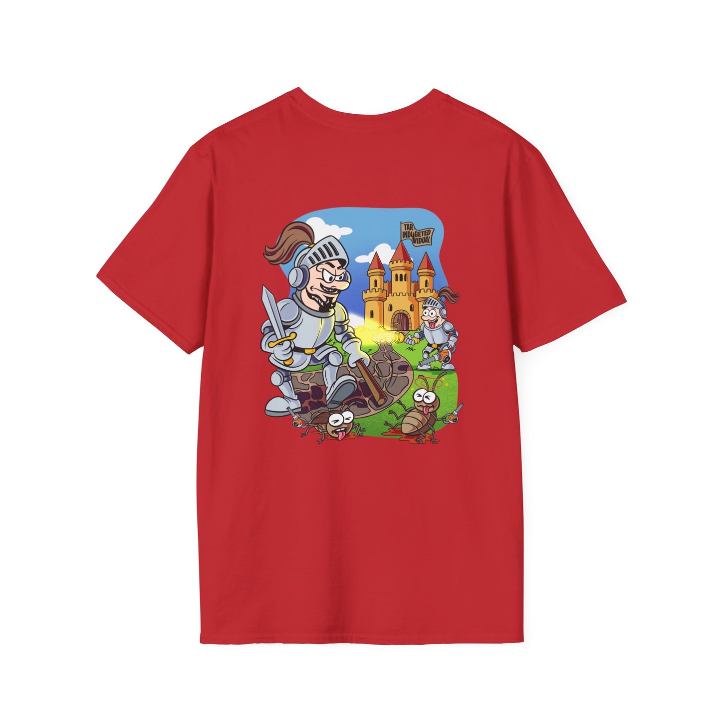 Knight Cartoon T-Shirt — Medieval Castle & Worms Graphic Tee