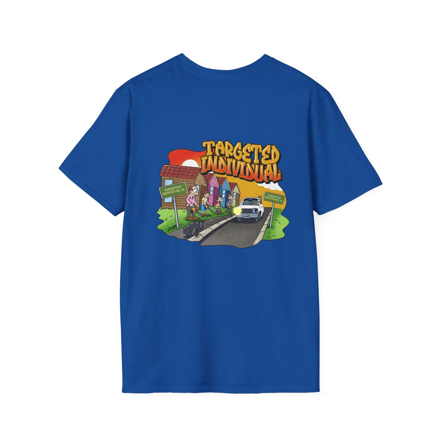 Targeted Individual Graphic T-Shirt — Retro Car & Neighborhood Illustration