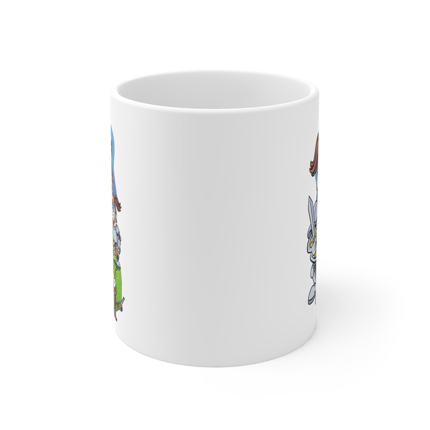 Knight and Castle Cartoon Mug — Funny Medieval Coffee Cup with ‘Take That, Worms!’ Design