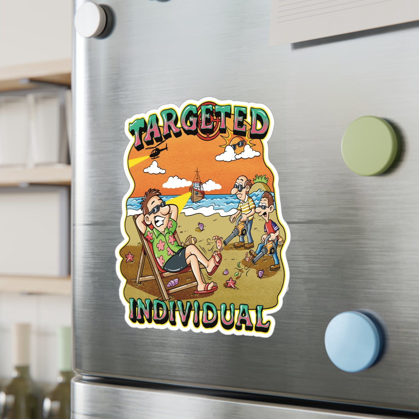 Targeted Individual Beach Scene Sticker – Kiss-Cut Vinyl Decal