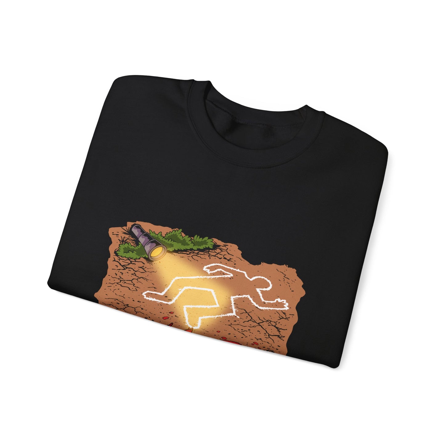 Graphic Sweatshirt — 'Who's Next?' Crime Scene Chalk Outline Crewneck
