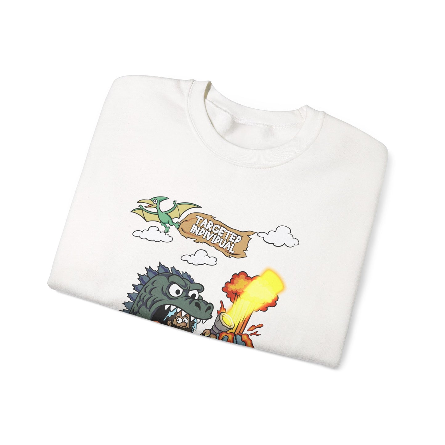 Crewneck Sweatshirt — Retro Monster Dragon Breathing Fire Graphic