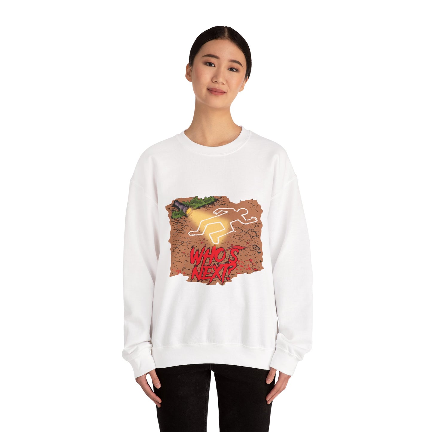 Graphic Sweatshirt — 'Who's Next?' Crime Scene Chalk Outline Crewneck