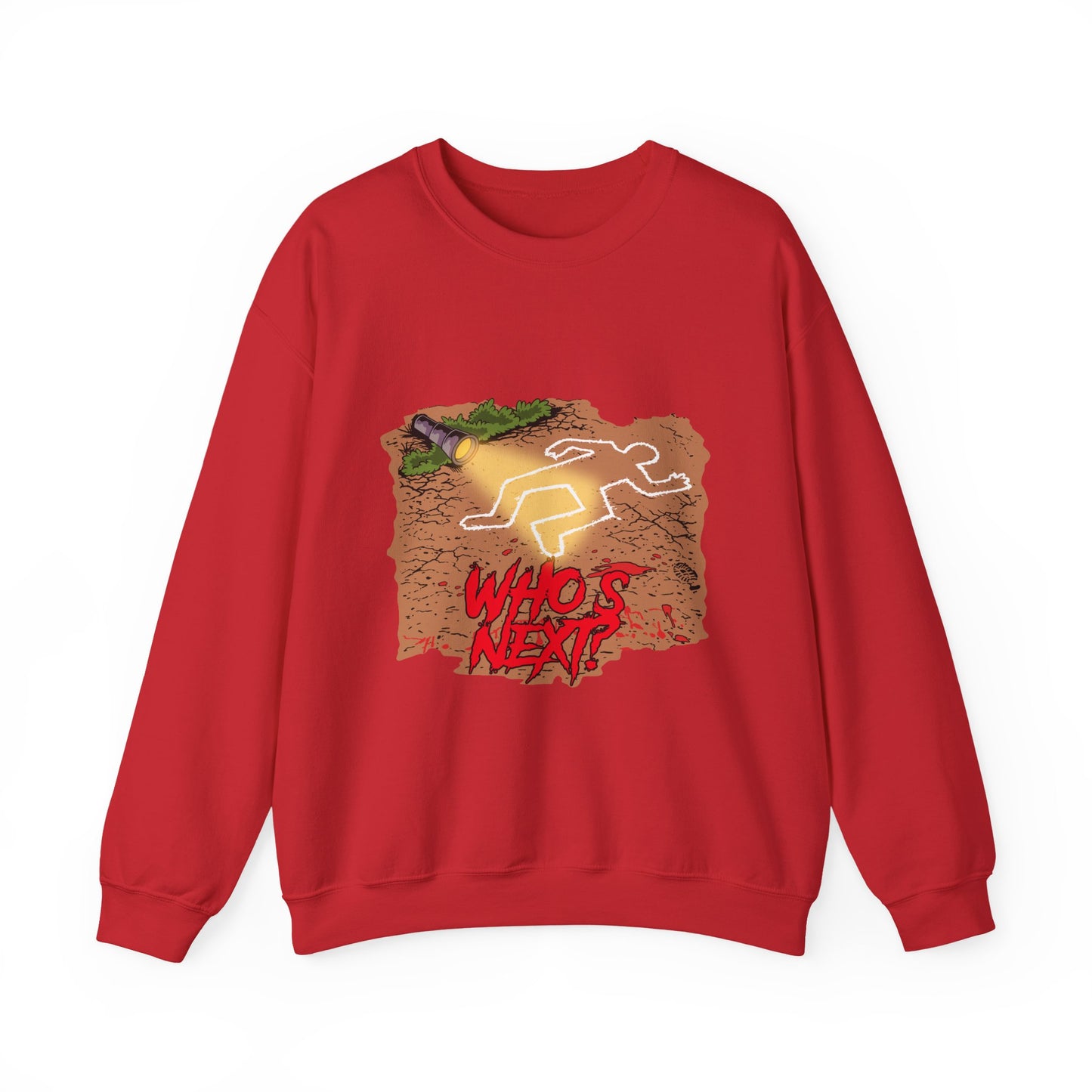Graphic Sweatshirt — 'Who's Next?' Crime Scene Chalk Outline Crewneck
