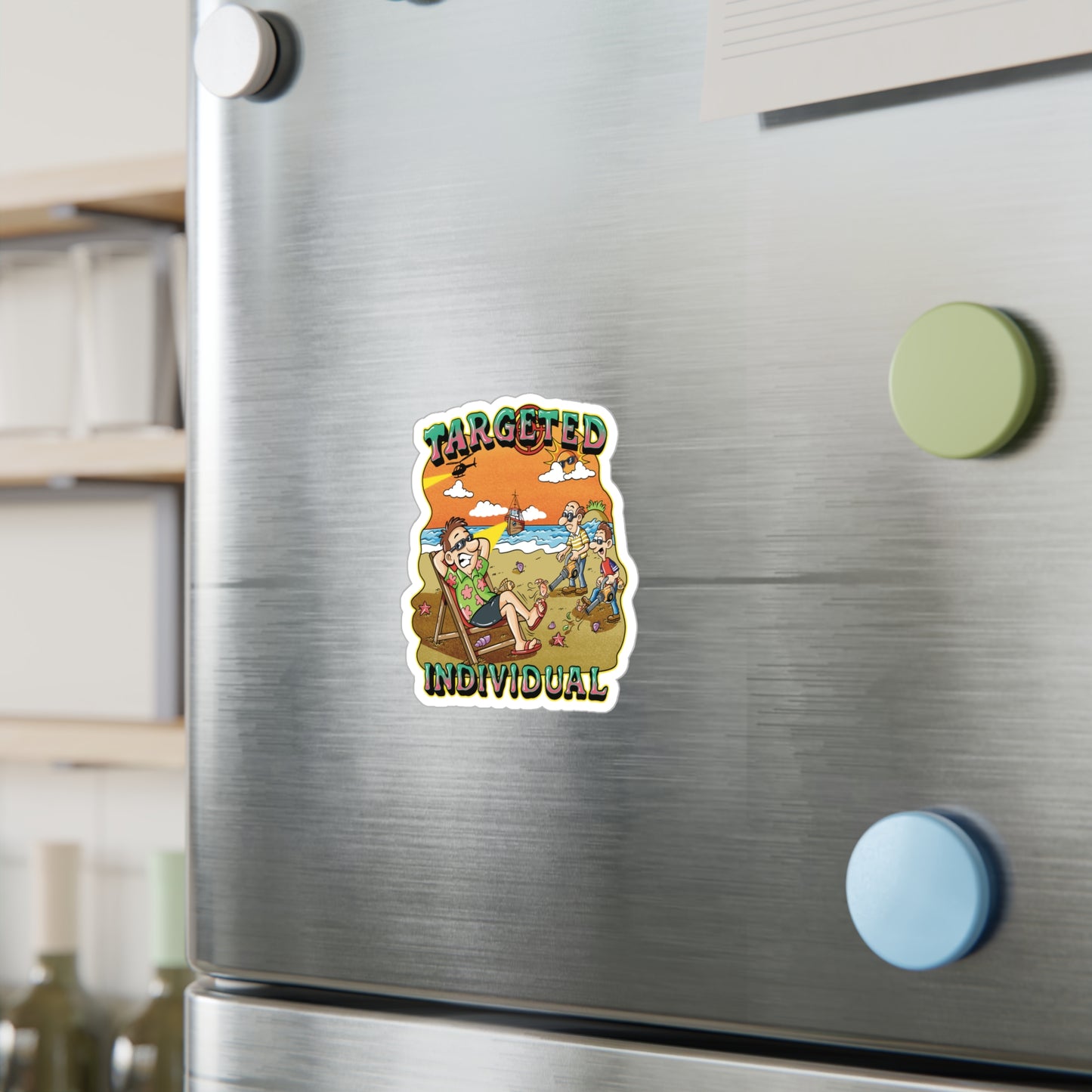 Targeted Individual Beach Scene Sticker – Kiss-Cut Vinyl Decal