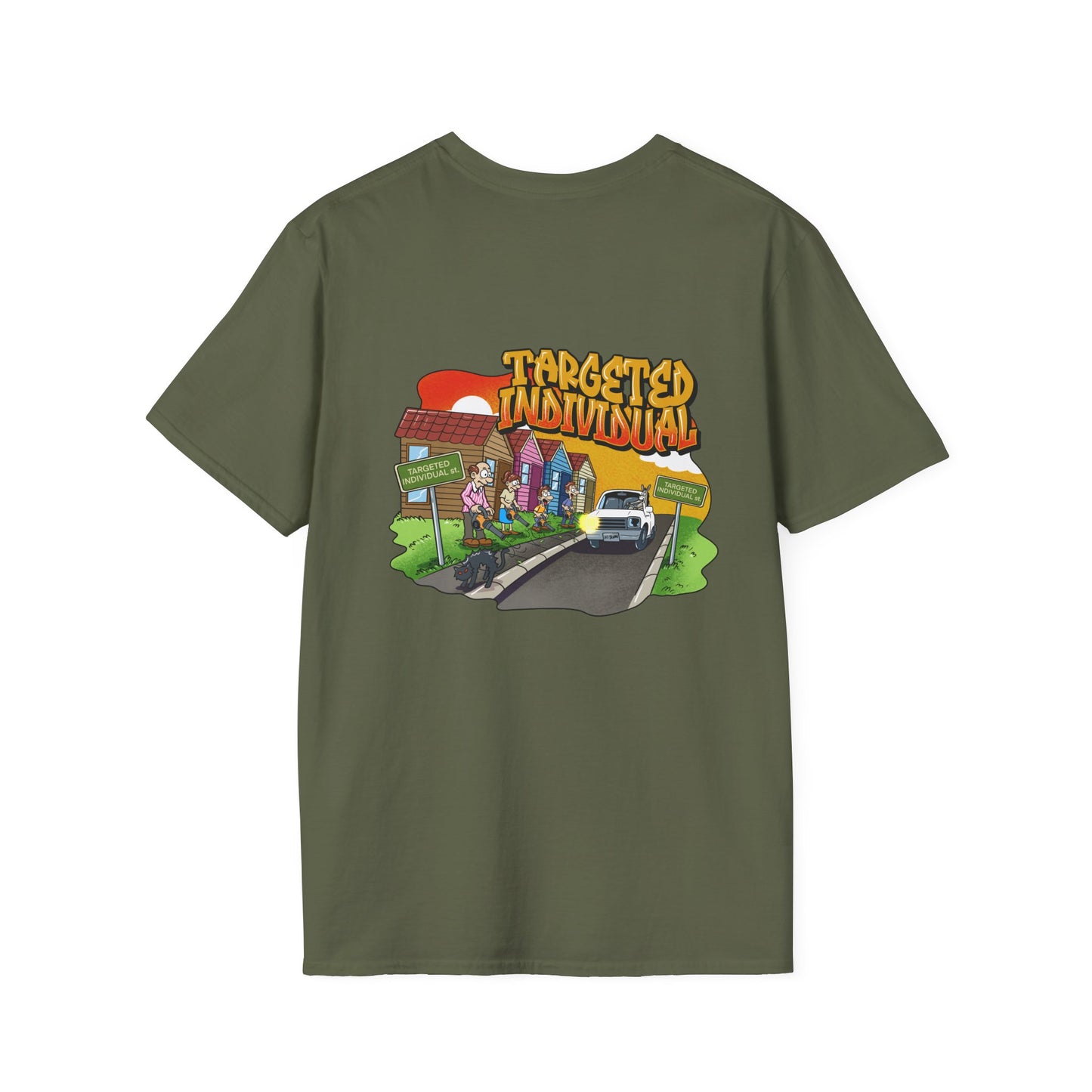Targeted Individual Graphic T-Shirt — Street Scene Cartoon Design