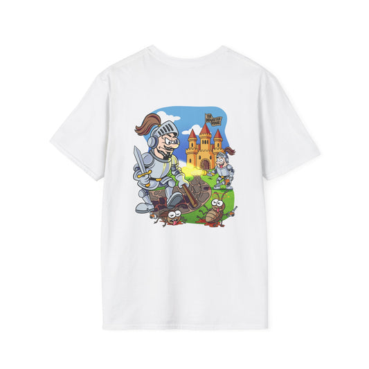 Knight Cartoon T-Shirt — Medieval Castle & Worms Graphic Tee