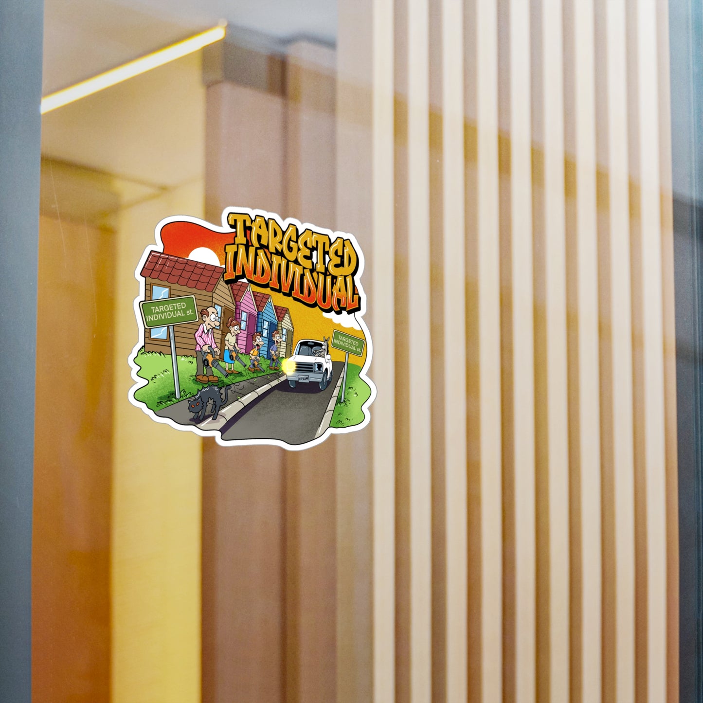 Targeted Individual Kiss-Cut Vinyl Sticker — Retro Suburban Design