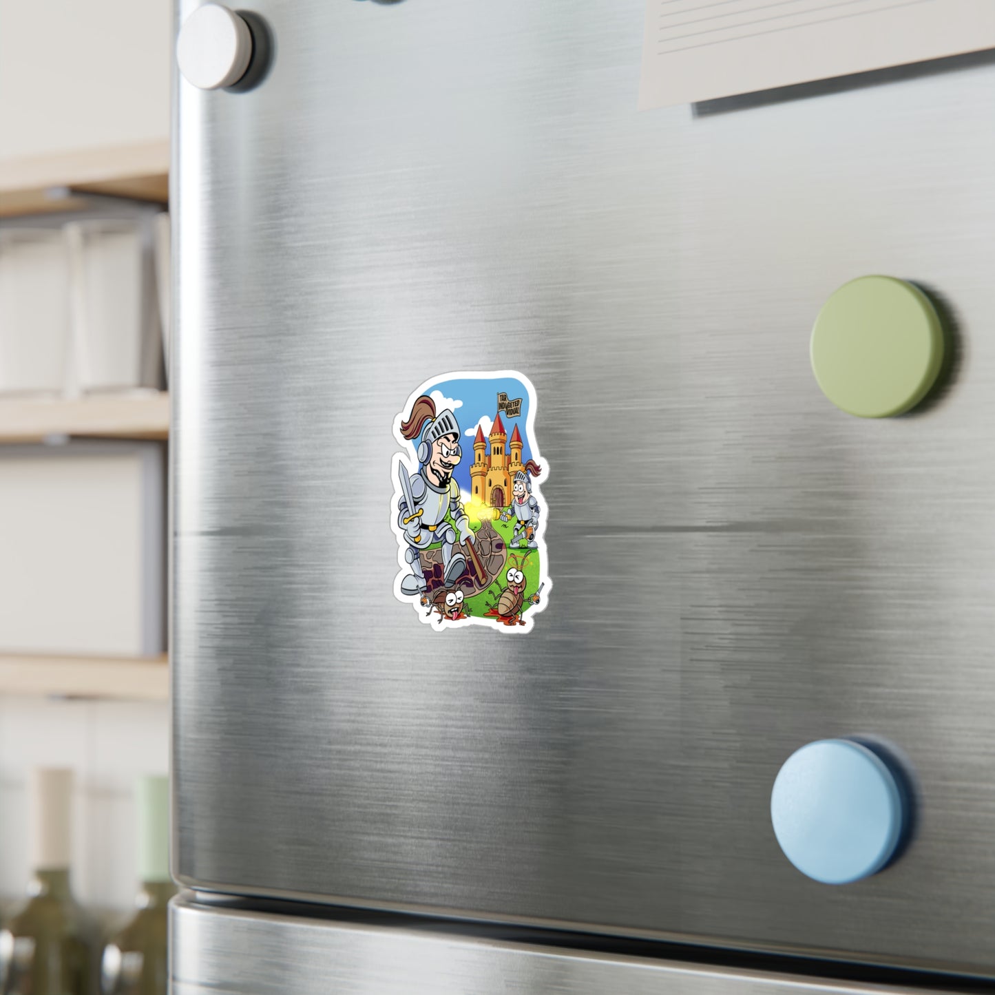 Medieval Knight Cartoon Kiss-Cut Vinyl Sticker — Funny Castle & Bugs Design