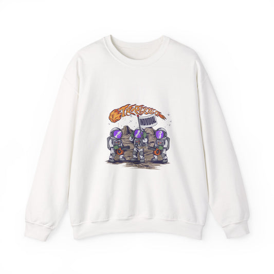 Crewneck Sweatshirt — Cute Astronaut Trio with 'We Are Still Here' Meteor Graphic