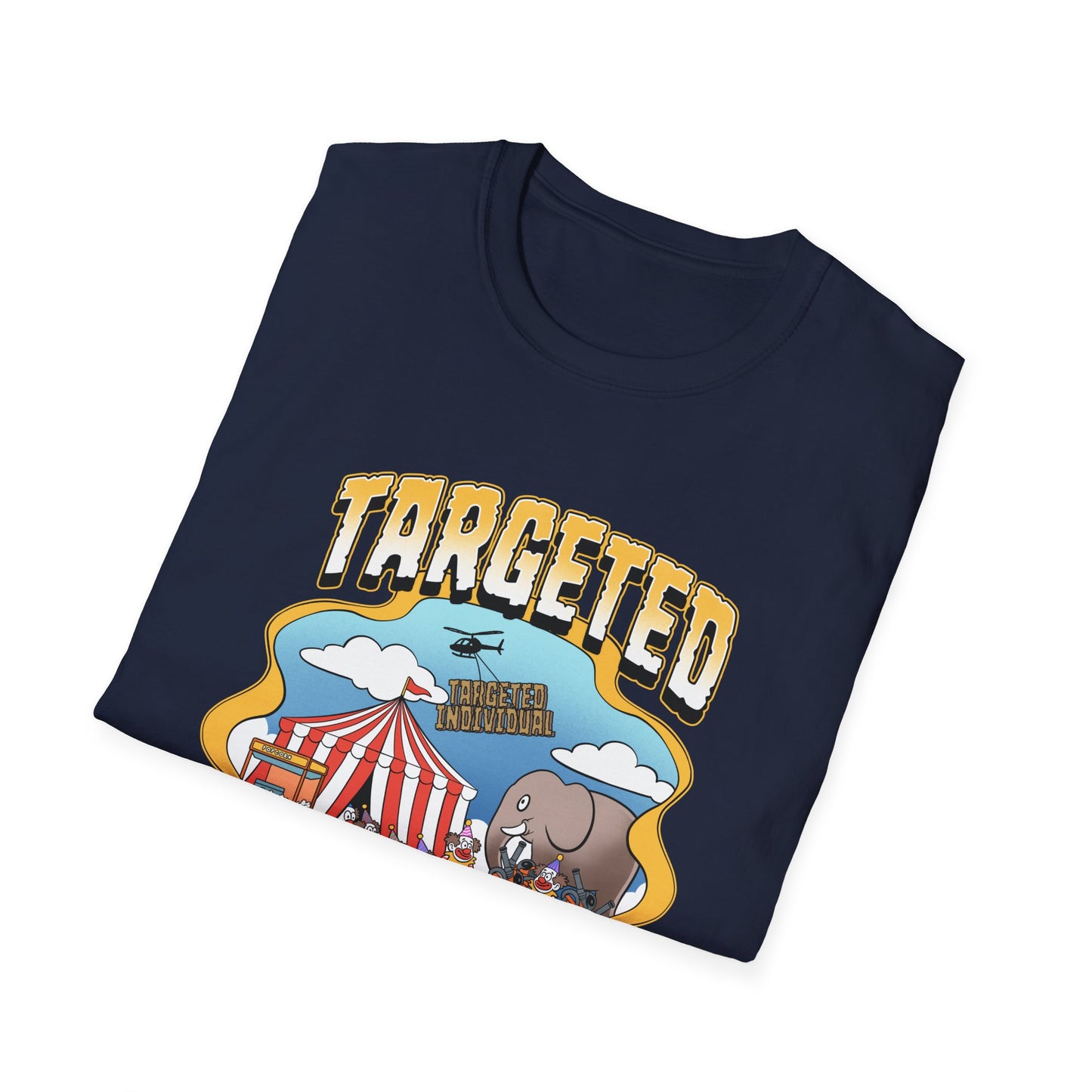 Targeted Individual Graphic T-Shirt — Retro Carnival Conspiracy Design