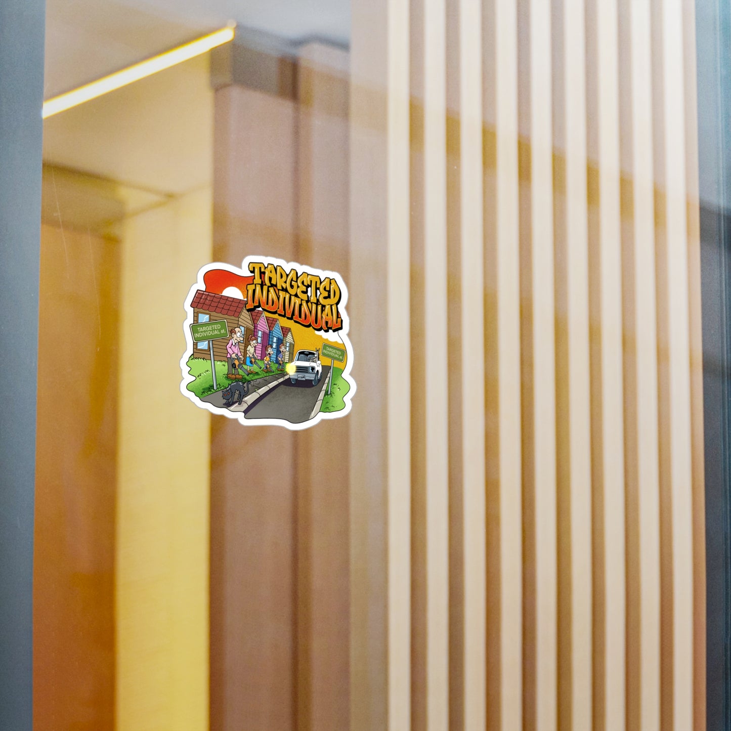 Targeted Individual Kiss-Cut Vinyl Sticker — Retro Suburban Design