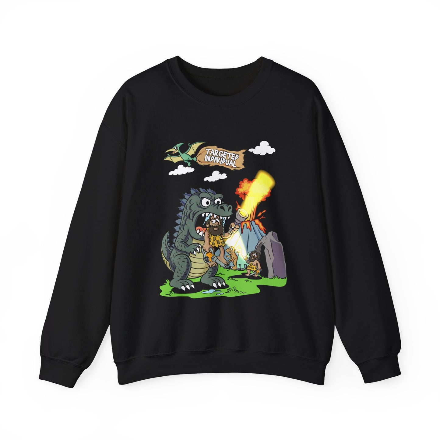 Crewneck Sweatshirt — Retro Monster Dragon Breathing Fire Graphic