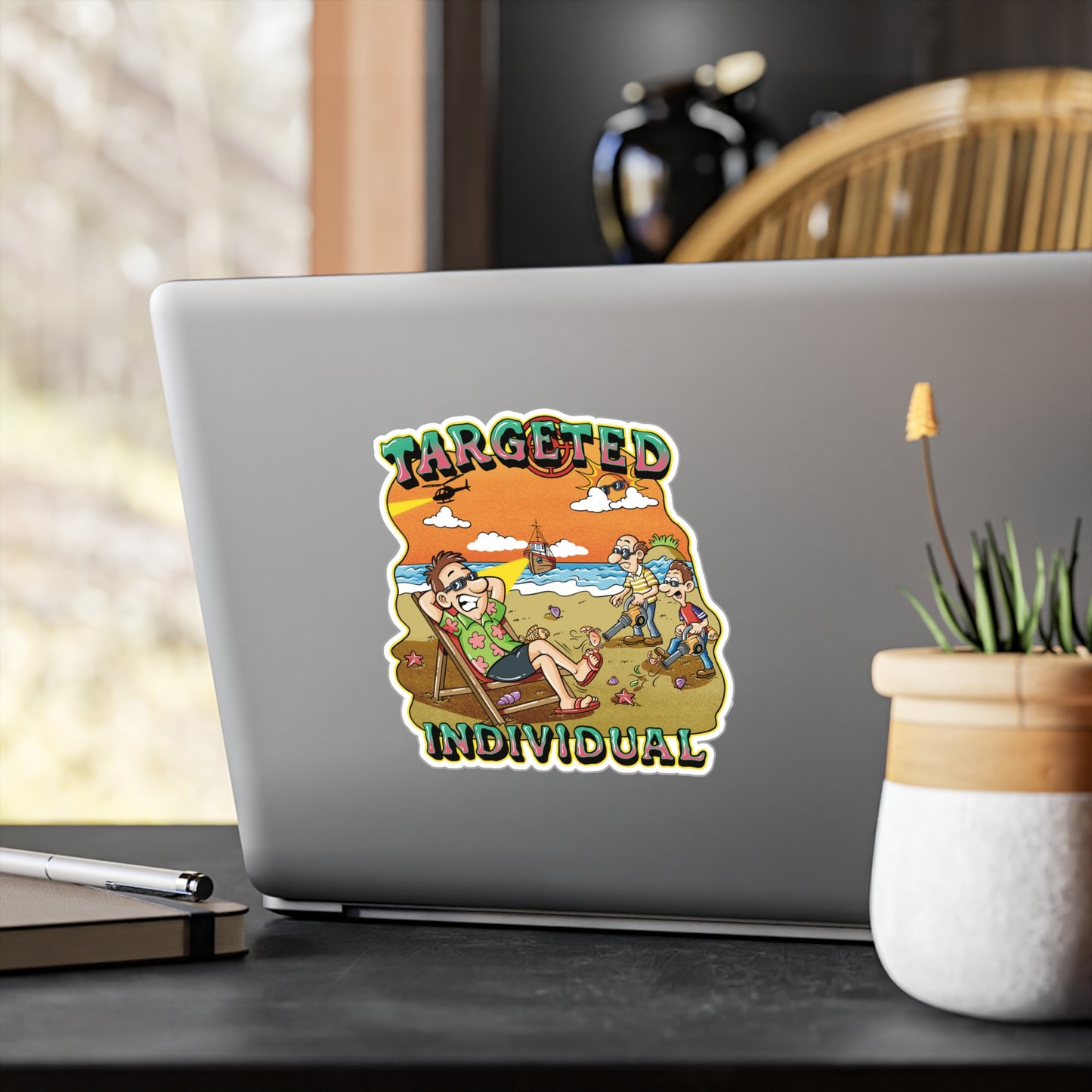 Targeted Individual Beach Scene Sticker – Kiss-Cut Vinyl Decal