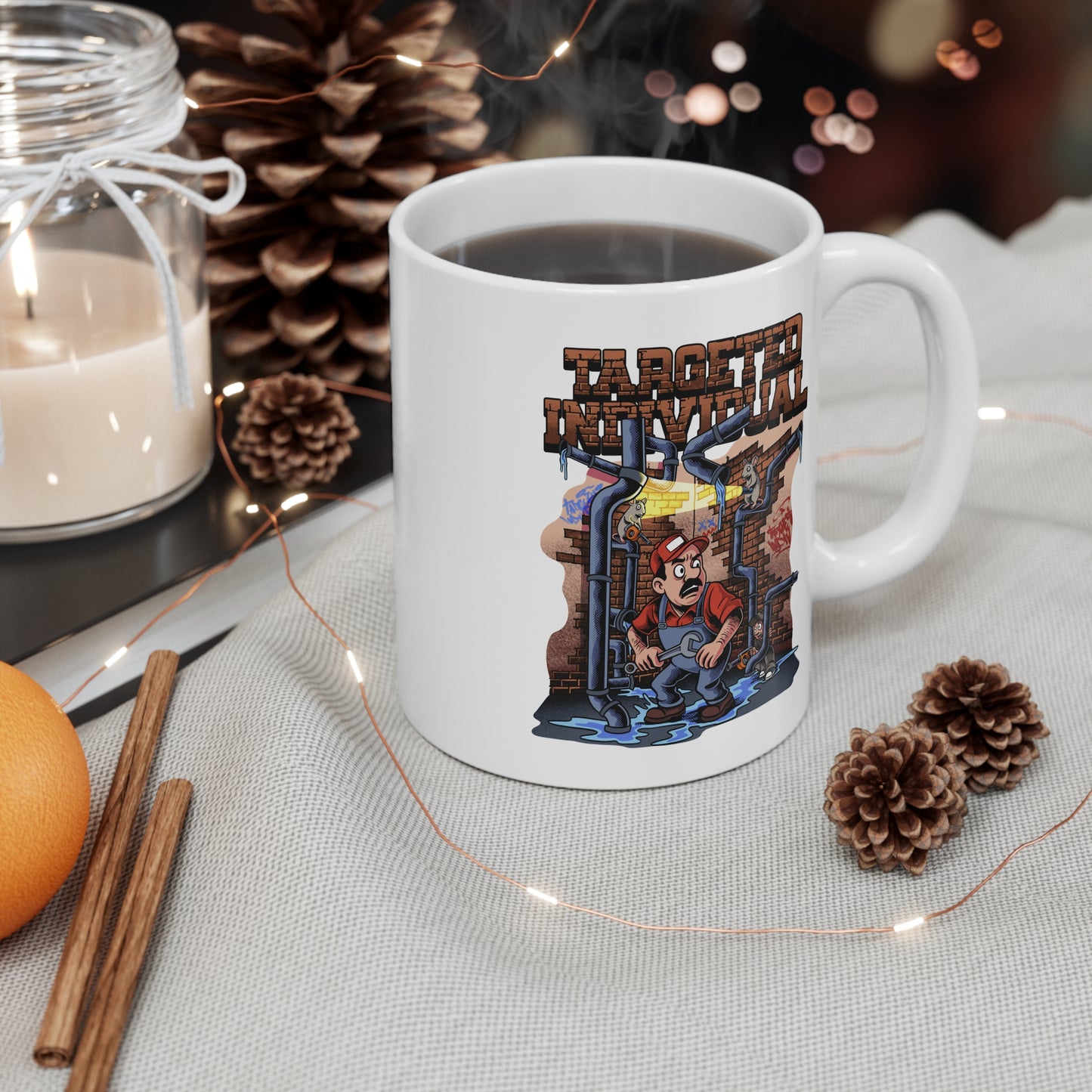 Plumber Cartoon Mug — 'Targeted Individual' Funny Pipe Repair Coffee Cup