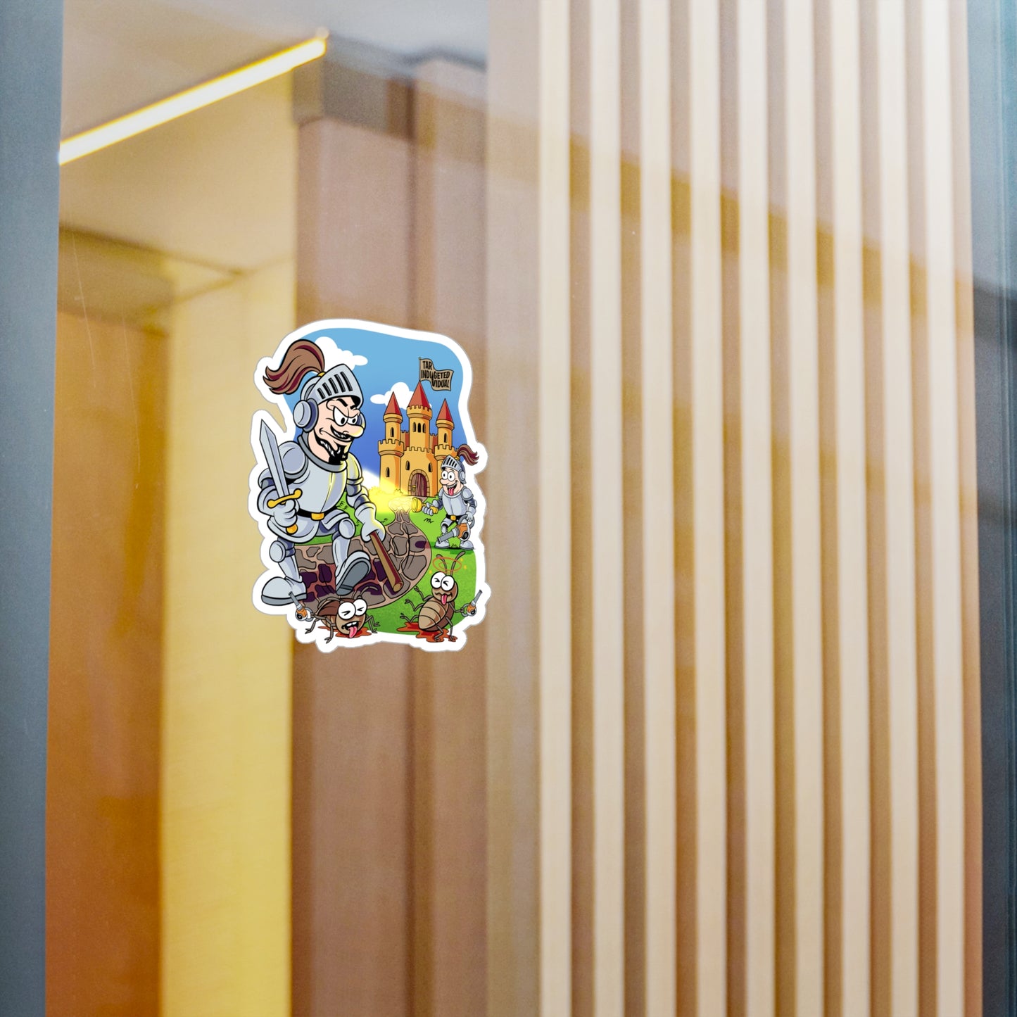 Medieval Knight Cartoon Kiss-Cut Vinyl Sticker — Funny Castle & Bugs Design
