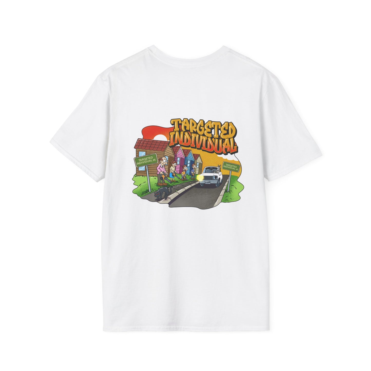 Targeted Individual Graphic T-Shirt — Retro Car & Neighborhood Illustration